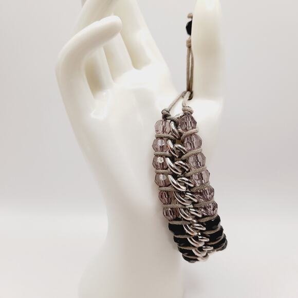 Artisan Black & Lilac Glass Beaded Macrame Bracelet - 6 1/2 Inch to 8 1/2 Inch - Picture 4 of 12